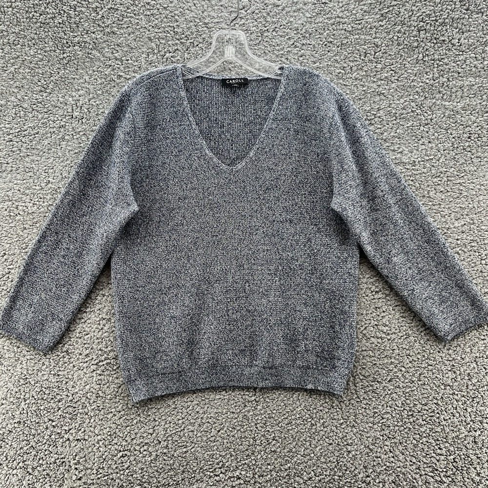 Caroll Paris Sweater Womens M Blue Silver Sparkle 3/4 Sleeve V Neck Pullover